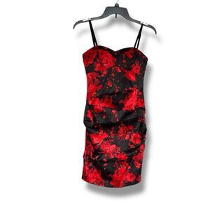 Guess Black Satin Dress Red Rose Print Removable Straps Sweetheart Neckline Sz 0